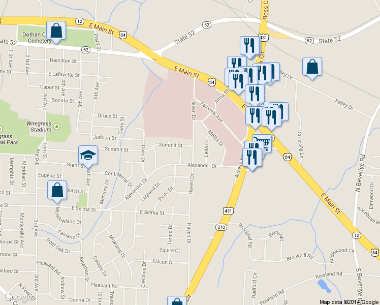 map of restaurants, bars, coffee shops, grocery stores, and more near 402 Haven Drive in Dothan
