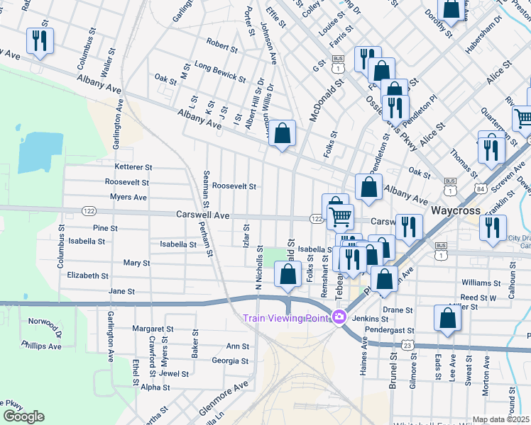 map of restaurants, bars, coffee shops, grocery stores, and more near 908 Carswell Avenue in Waycross