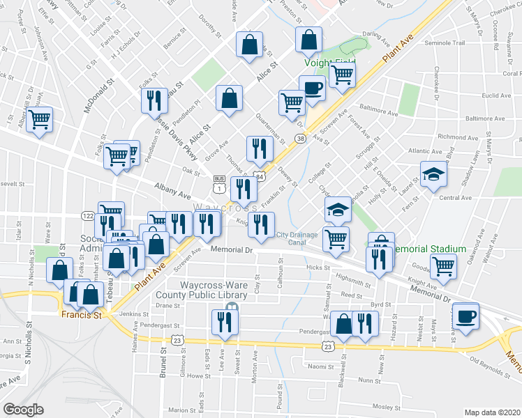 map of restaurants, bars, coffee shops, grocery stores, and more near 132 Franklin Street in Waycross