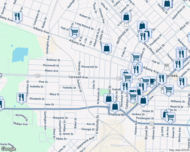 map of restaurants, bars, coffee shops, grocery stores, and more near 1004 Carswell Avenue in Waycross