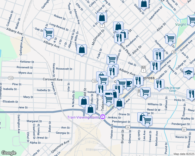 map of restaurants, bars, coffee shops, grocery stores, and more near 601 Tebeau Street in Waycross