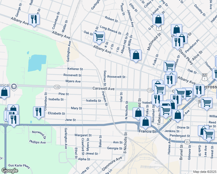 map of restaurants, bars, coffee shops, grocery stores, and more near 1106 Carswell Avenue in Waycross