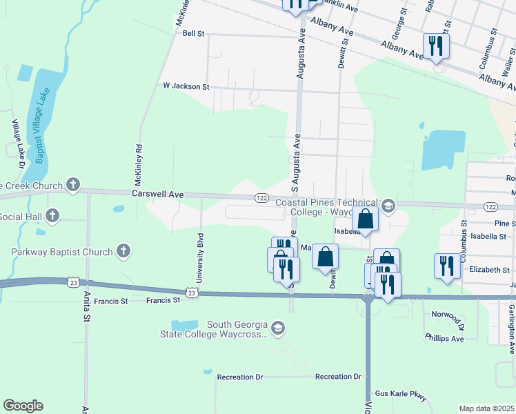 map of restaurants, bars, coffee shops, grocery stores, and more near 2000 Ocean Breeze Circle in Waycross