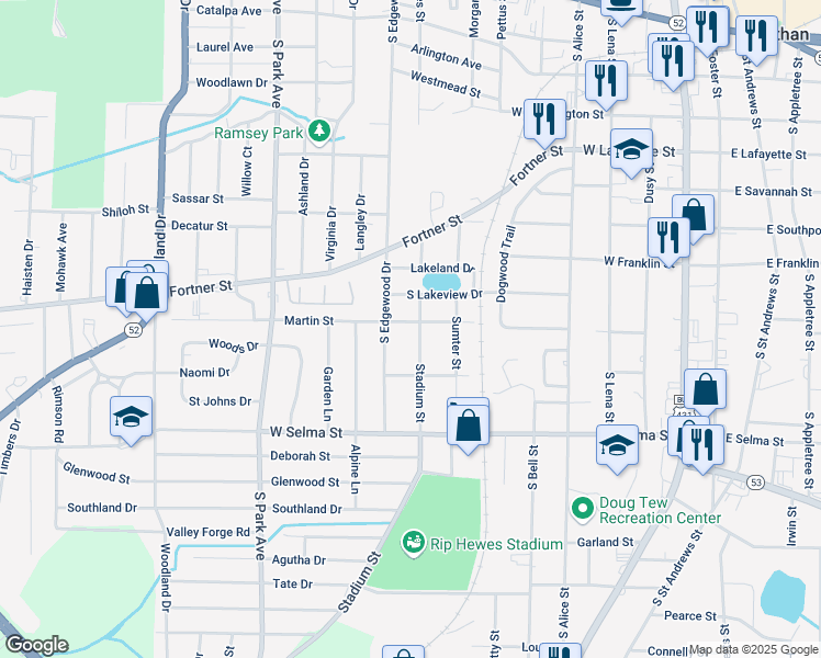 map of restaurants, bars, coffee shops, grocery stores, and more near 1100 Stadium Street in Dothan