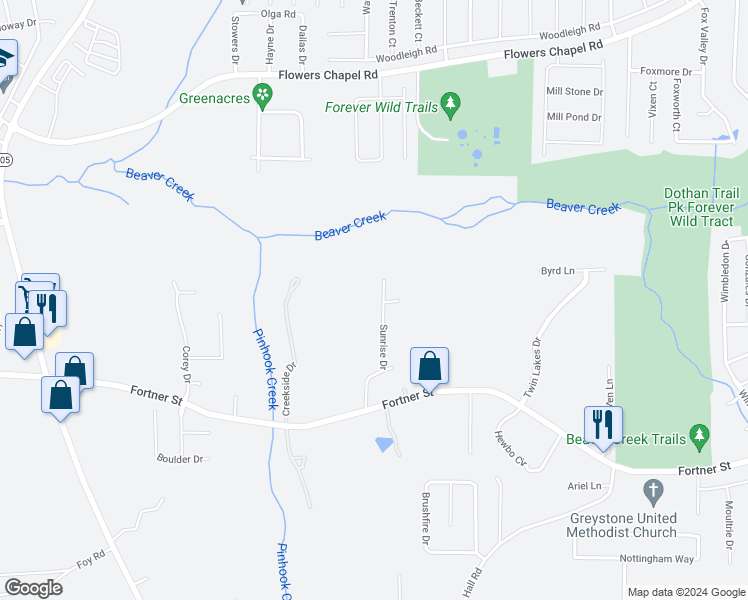 map of restaurants, bars, coffee shops, grocery stores, and more near 401 Sunrise Drive in Dothan