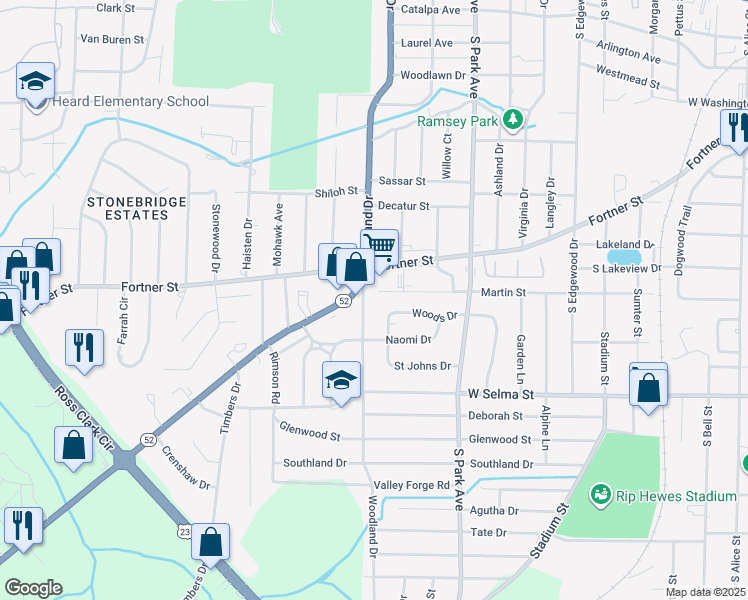 map of restaurants, bars, coffee shops, grocery stores, and more near 1005 Woodland Dr in Dothan