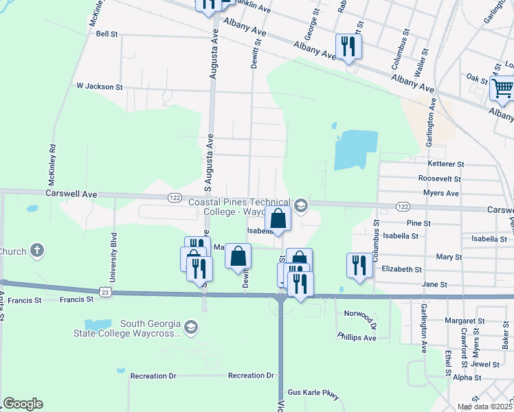 map of restaurants, bars, coffee shops, grocery stores, and more near 1915 Carswell Avenue in Waycross