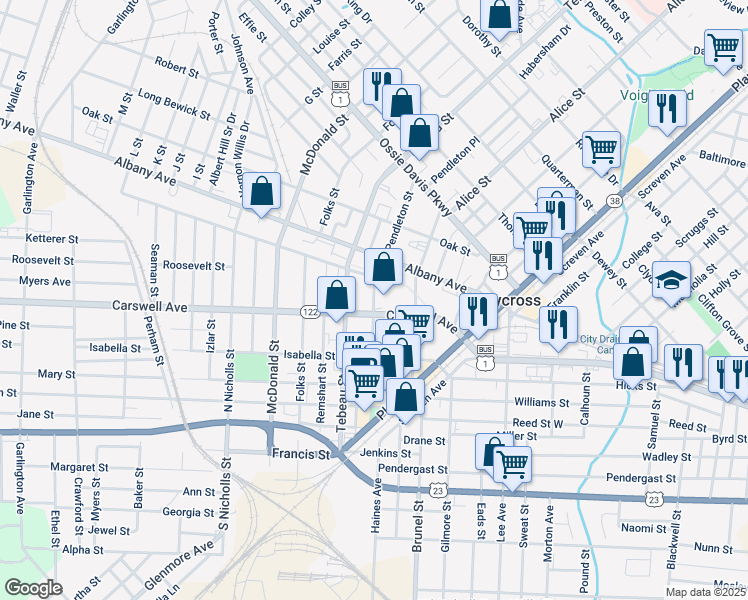 map of restaurants, bars, coffee shops, grocery stores, and more near Pendleton Street in Waycross