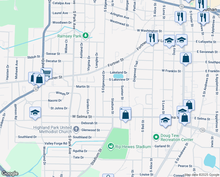 map of restaurants, bars, coffee shops, grocery stores, and more near 1100 Stadium Street in Dothan
