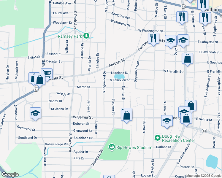 map of restaurants, bars, coffee shops, grocery stores, and more near 1100 Stadium Street in Dothan
