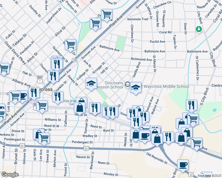 map of restaurants, bars, coffee shops, grocery stores, and more near 800 Ava Street in Waycross