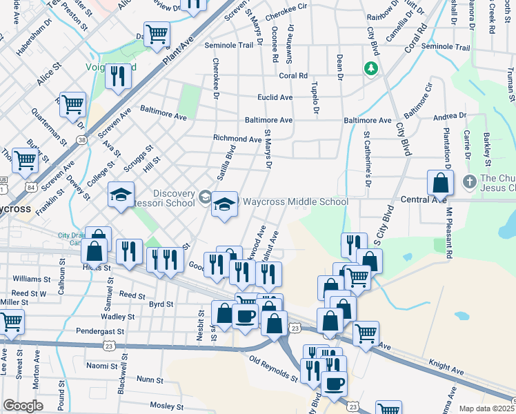 map of restaurants, bars, coffee shops, grocery stores, and more near 706 Saint Marys Drive in Waycross