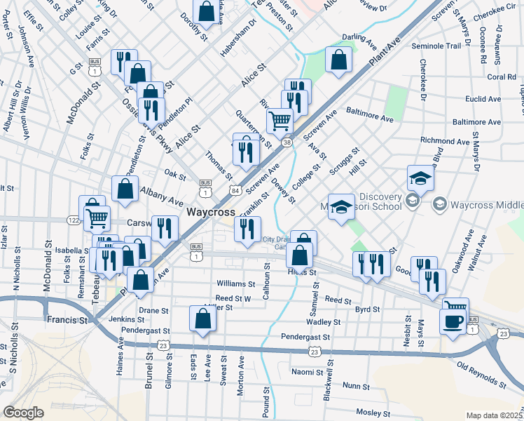map of restaurants, bars, coffee shops, grocery stores, and more near 132 Franklin Street in Waycross