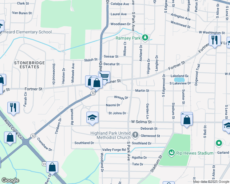 map of restaurants, bars, coffee shops, grocery stores, and more near 1117 Martin Street in Dothan