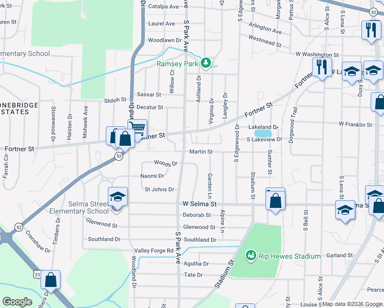 map of restaurants, bars, coffee shops, grocery stores, and more near 1009 Martin Street in Dothan