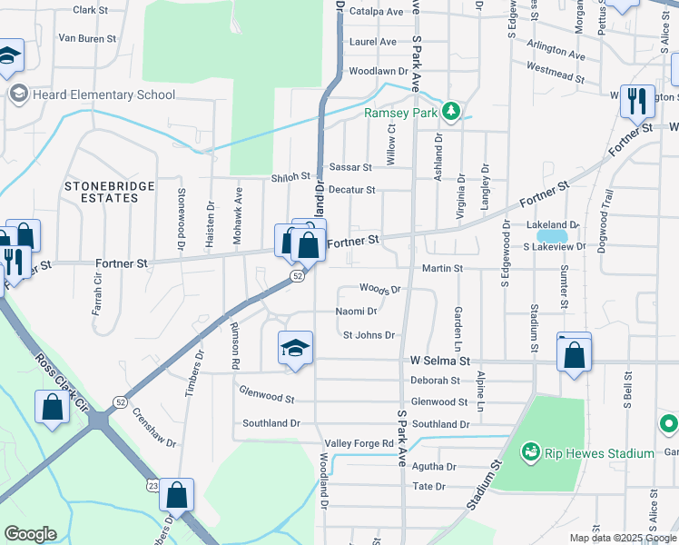 map of restaurants, bars, coffee shops, grocery stores, and more near 1005 Woodland Drive in Dothan