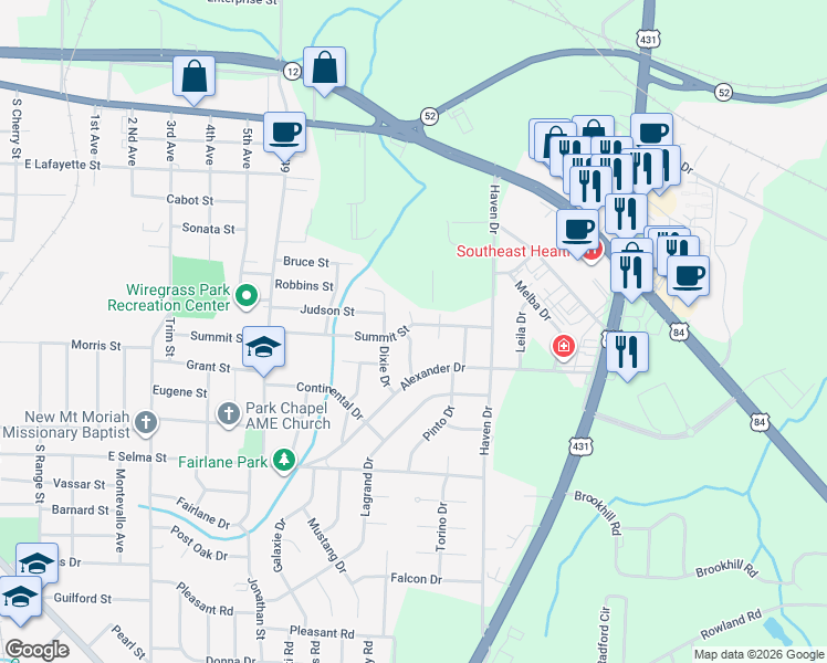 map of restaurants, bars, coffee shops, grocery stores, and more near 301 Montclair Drive in Dothan