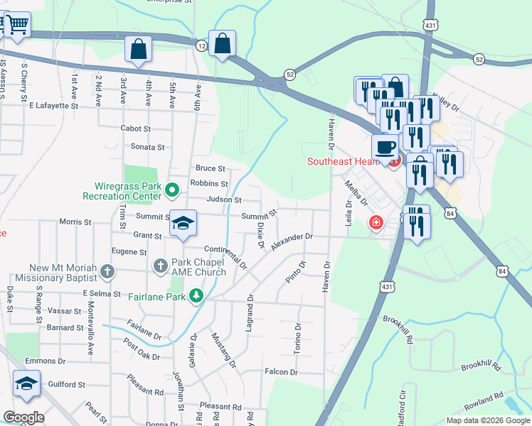 map of restaurants, bars, coffee shops, grocery stores, and more near 301-303 Montclair Drive in Dothan