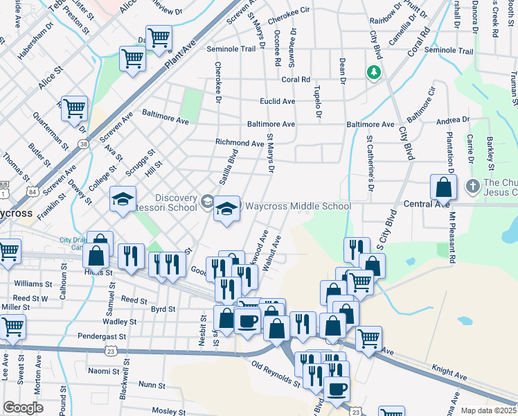 map of restaurants, bars, coffee shops, grocery stores, and more near 710 Saint Marys Avenue in Waycross