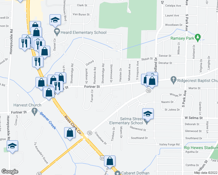 map of restaurants, bars, coffee shops, grocery stores, and more near 2100 Stonewood Drive in Dothan