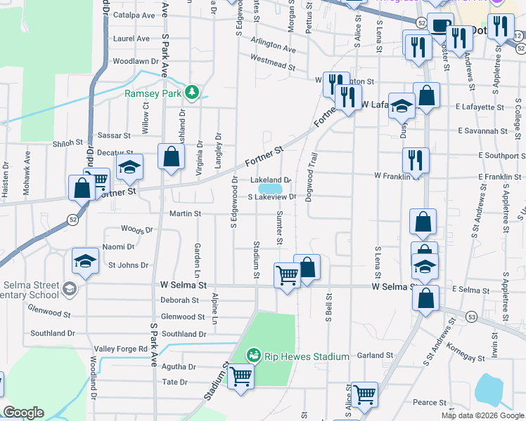 map of restaurants, bars, coffee shops, grocery stores, and more near 1100 Sumter Street in Dothan