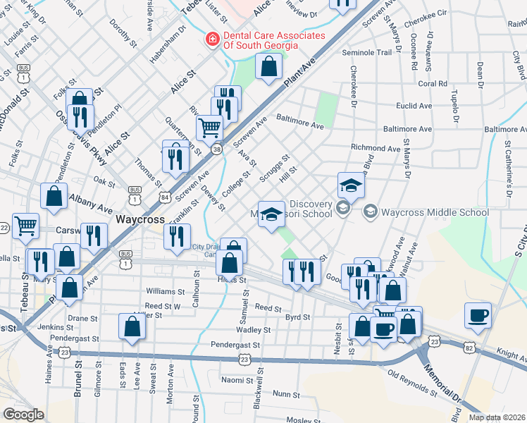 map of restaurants, bars, coffee shops, grocery stores, and more near 315 Magnolia Street in Waycross