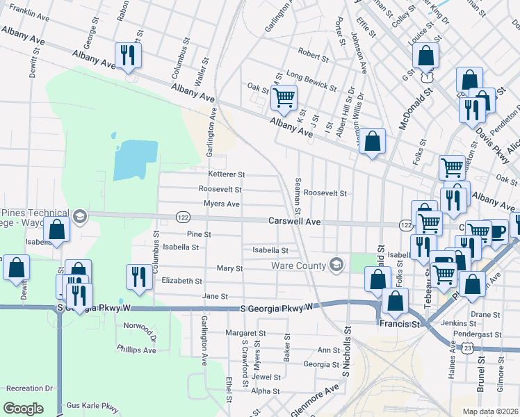 map of restaurants, bars, coffee shops, grocery stores, and more near 1308 Carswell Avenue in Waycross