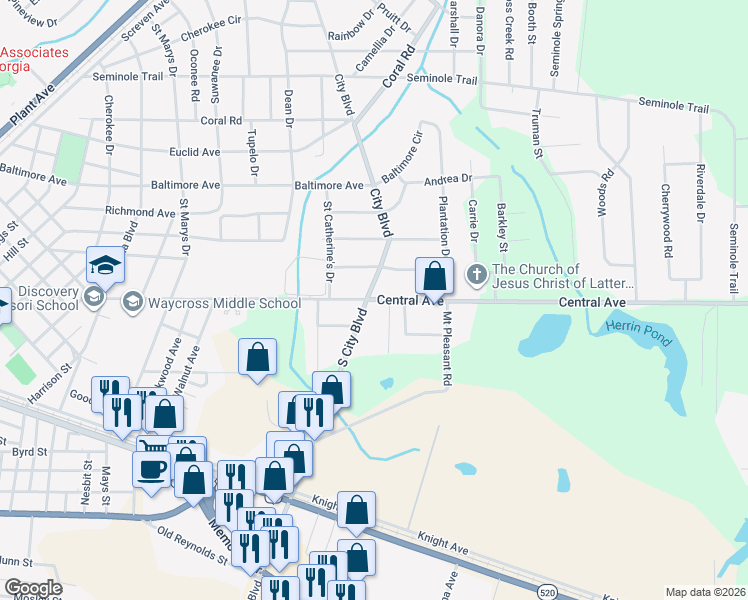 map of restaurants, bars, coffee shops, grocery stores, and more near 610 City Boulevard in Waycross