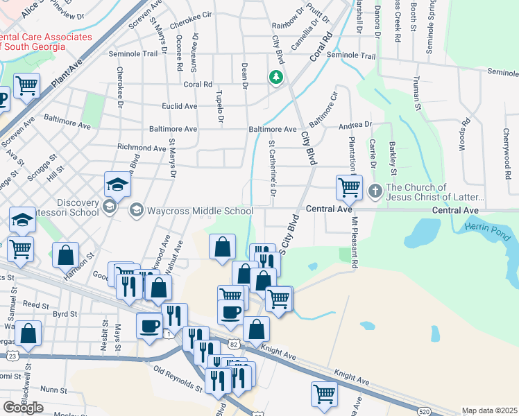 map of restaurants, bars, coffee shops, grocery stores, and more near Central Avenue in Waycross