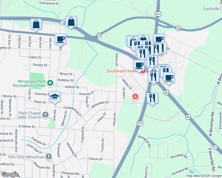 map of restaurants, bars, coffee shops, grocery stores, and more near 402 Haven Drive in Dothan