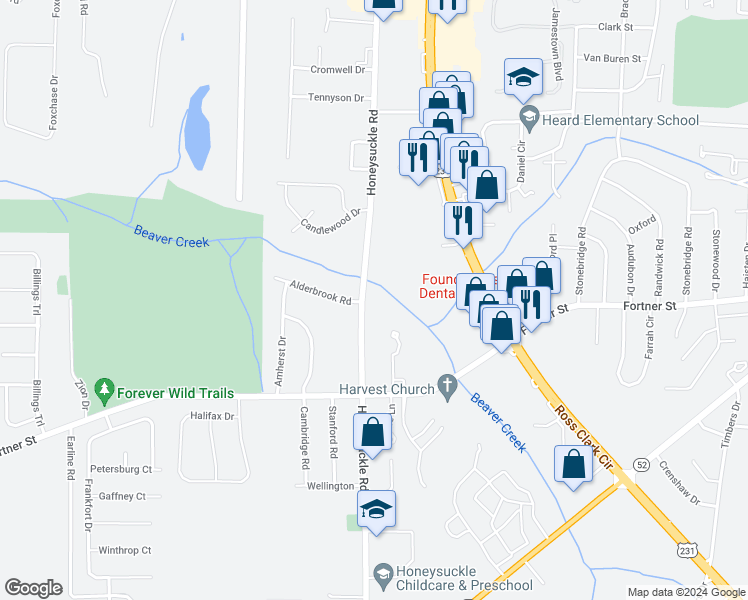 map of restaurants, bars, coffee shops, grocery stores, and more near 1081 Honeysuckle Road in Dothan