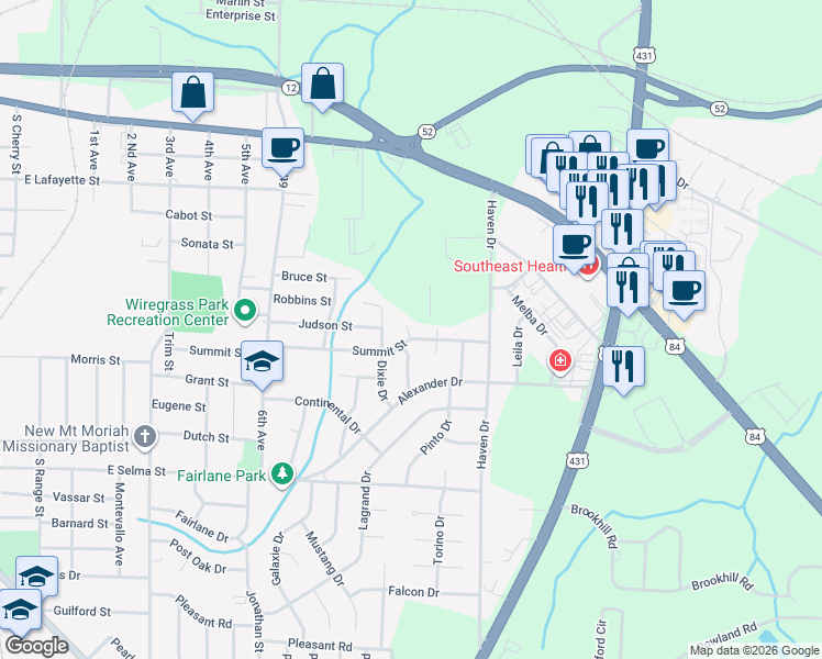 map of restaurants, bars, coffee shops, grocery stores, and more near 1505 Summit Street in Dothan