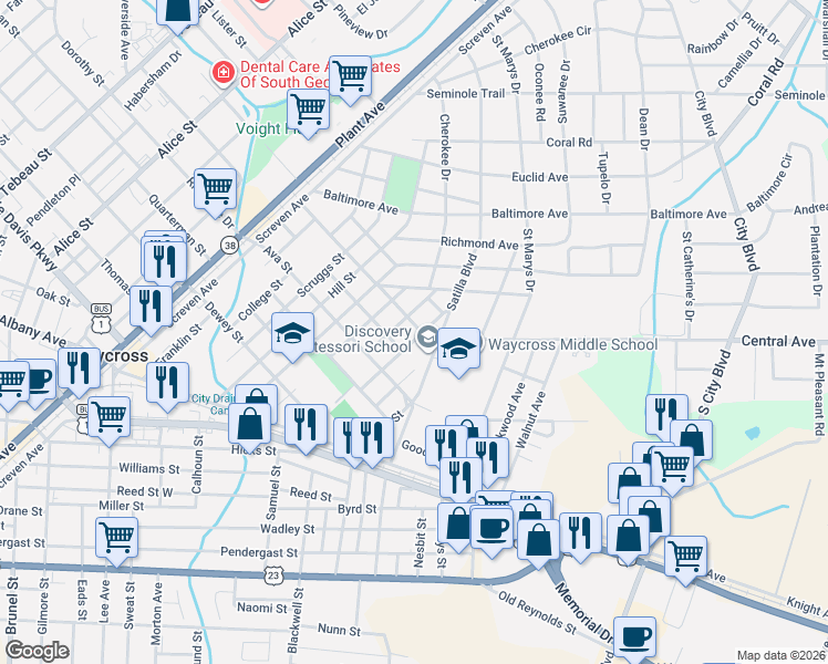 map of restaurants, bars, coffee shops, grocery stores, and more near 801 Laurel Street in Waycross