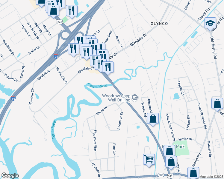 map of restaurants, bars, coffee shops, grocery stores, and more near 4903 New Jesup Highway in Brunswick