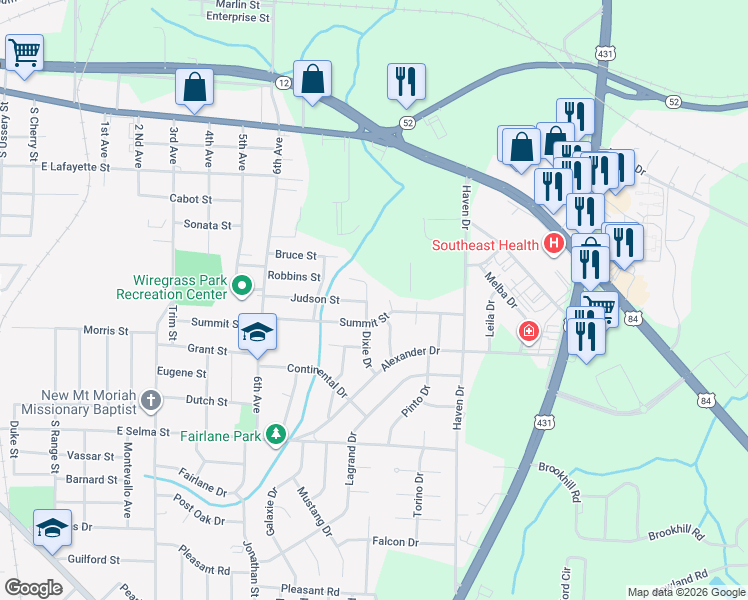 map of restaurants, bars, coffee shops, grocery stores, and more near 1505 Summit Street in Dothan