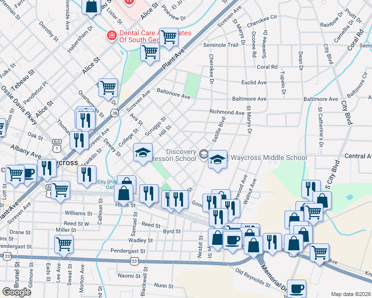 map of restaurants, bars, coffee shops, grocery stores, and more near 801 Laurel Street in Waycross
