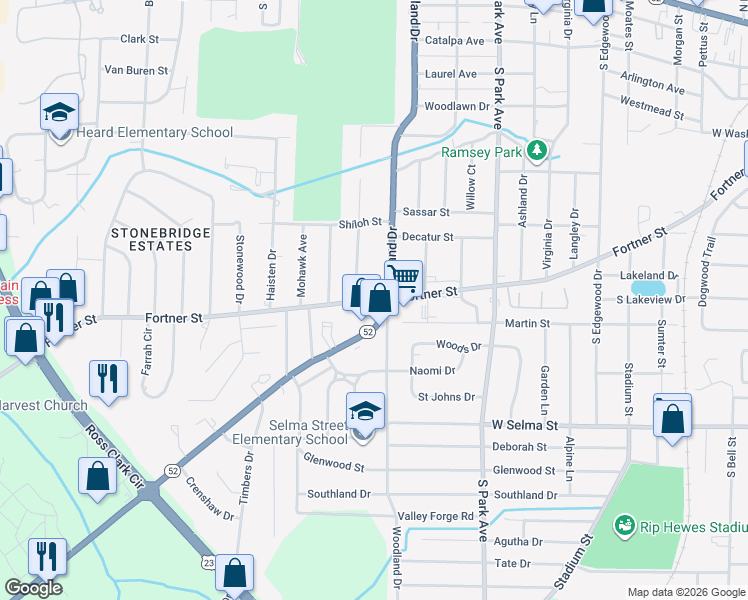 map of restaurants, bars, coffee shops, grocery stores, and more near 1400 Fortner Street in Dothan