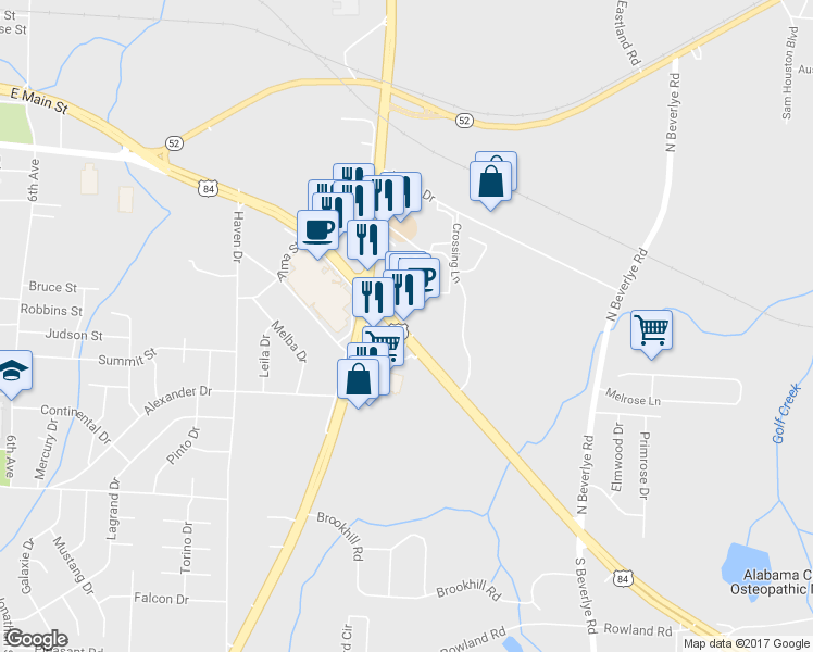 map of restaurants, bars, coffee shops, grocery stores, and more near 2155 E Main St in Dothan