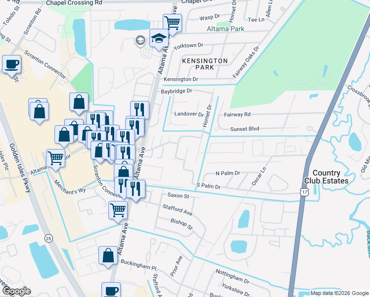 map of restaurants, bars, coffee shops, grocery stores, and more near 98 Glynn Marsh Circle in Brunswick