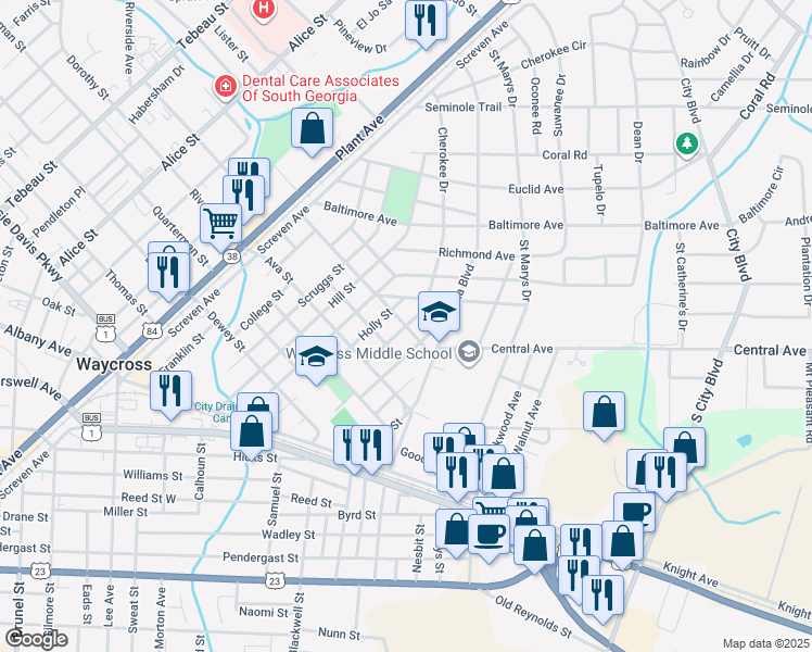 map of restaurants, bars, coffee shops, grocery stores, and more near Forrest Avenue in Waycross