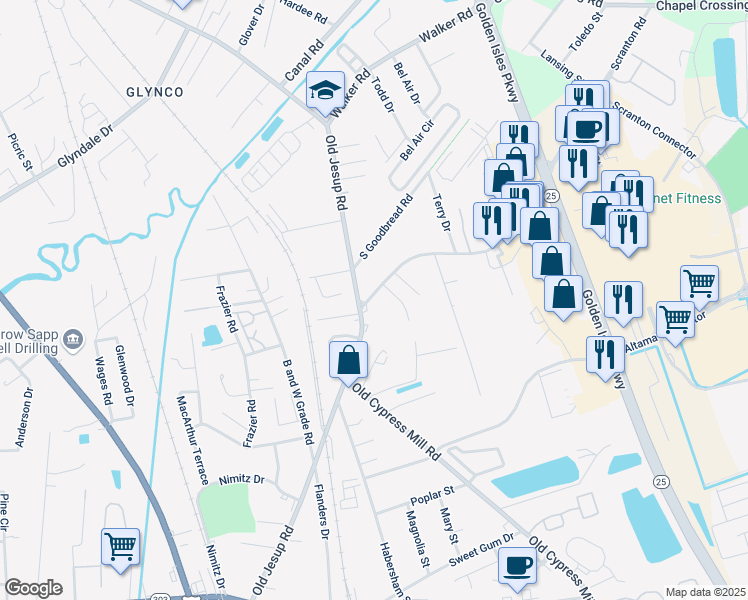 map of restaurants, bars, coffee shops, grocery stores, and more near 812 Old Jesup Highway in Brunswick