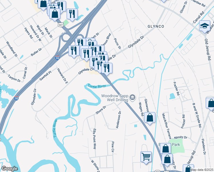 map of restaurants, bars, coffee shops, grocery stores, and more near 4903 New Jesup Highway in Brunswick