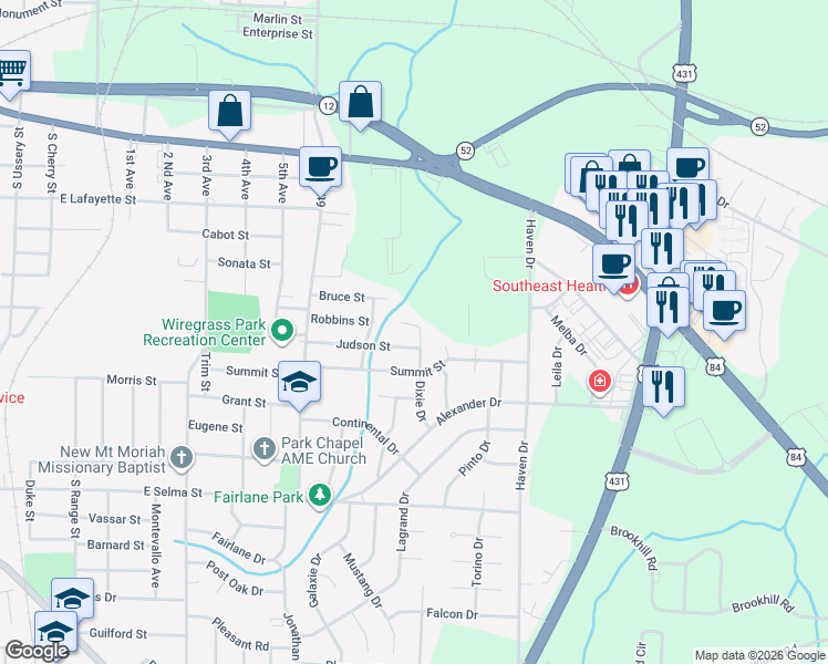 map of restaurants, bars, coffee shops, grocery stores, and more near 707 Dixie Drive in Dothan
