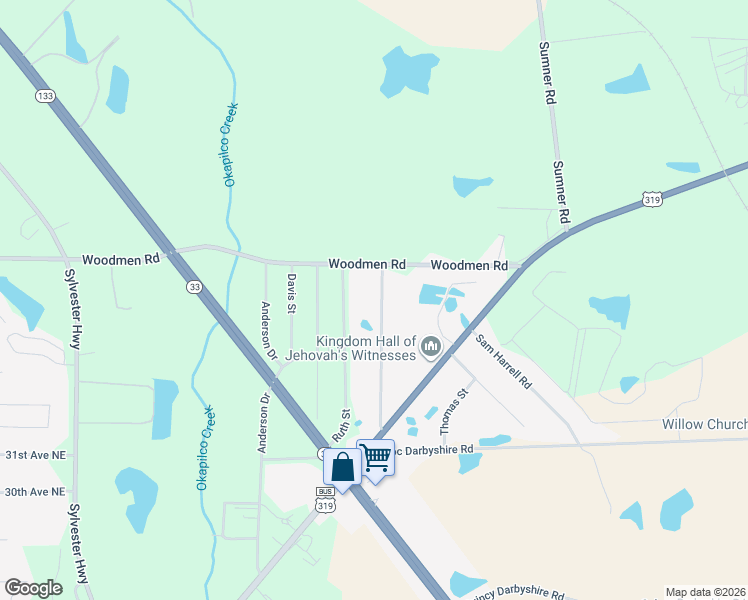 map of restaurants, bars, coffee shops, grocery stores, and more near 267 Shady Grove Road in Moultrie