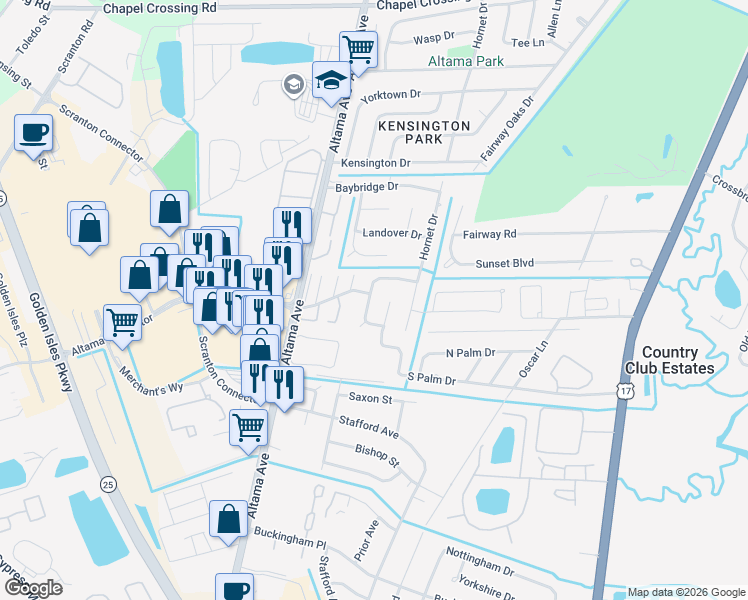 map of restaurants, bars, coffee shops, grocery stores, and more near 98 Glynn Marsh Circle in Brunswick