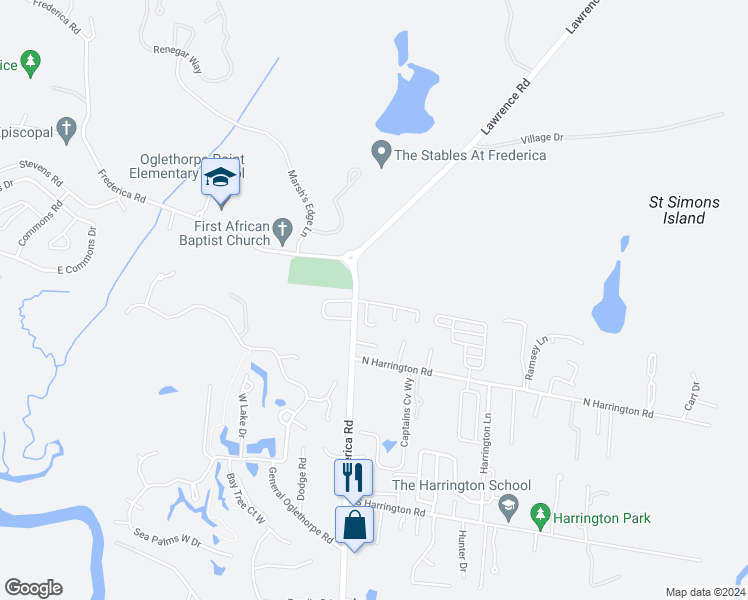 map of restaurants, bars, coffee shops, grocery stores, and more near 107 North Cottages Drive in Saint Simons Island