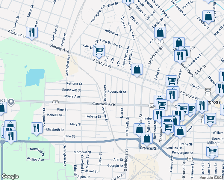 map of restaurants, bars, coffee shops, grocery stores, and more near 1106 Roosevelt Street in Waycross