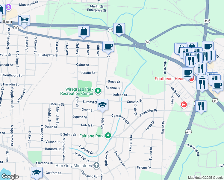map of restaurants, bars, coffee shops, grocery stores, and more near 1206 Robbins Street in Dothan