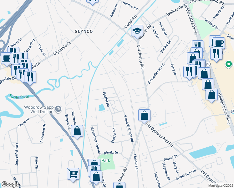 map of restaurants, bars, coffee shops, grocery stores, and more near 1198 Micaja Lane in Brunswick