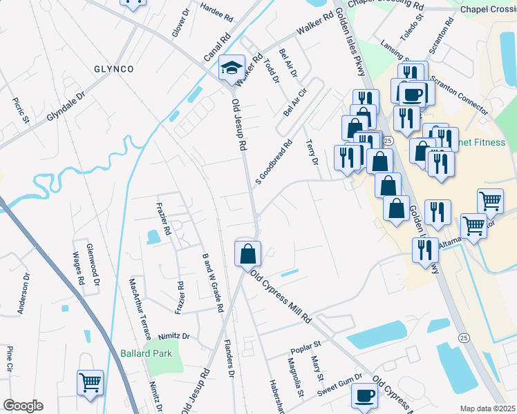 map of restaurants, bars, coffee shops, grocery stores, and more near 812 Old Jesup Highway in Brunswick